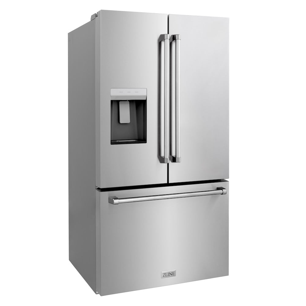 ZLINE 36 in. 28.9 cu. ft. Standard-Depth French Door External Water Dispenser Refrigerator with Dual Ice Maker in Fingerprint Resistant Stainless Steel (RSM-W-36) side, closed.