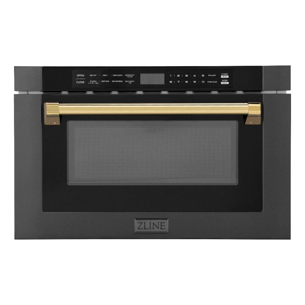 ZLINE Autograph Edition 24 in. 1.2 cu. ft. Built-in Microwave Drawer in Black Stainless Steel with Gold Accents (MWDZ-1-BS-H-G) Front View Drawer Closed