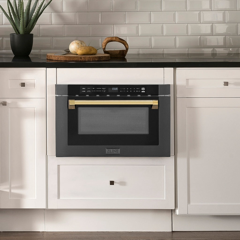 ZLINE Autograph Edition 24 in. 1.2 cu. ft. Built-in Microwave Drawer in Black Stainless Steel with Gold Accents (MWDZ-1-BS-H-G) in Rustic Farmhouse Style Kitchen with white cabinets and black countertops.