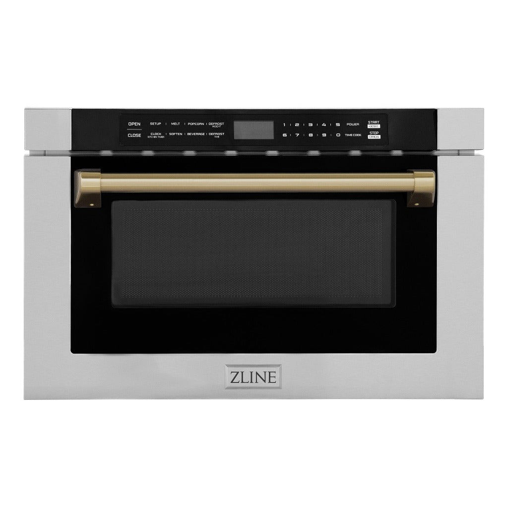 ZLINE Autograph Edition 24 in. Built-in Microwave Drawer with a Traditional Handle in Stainless Steel and Champagne Bronze Accents front.