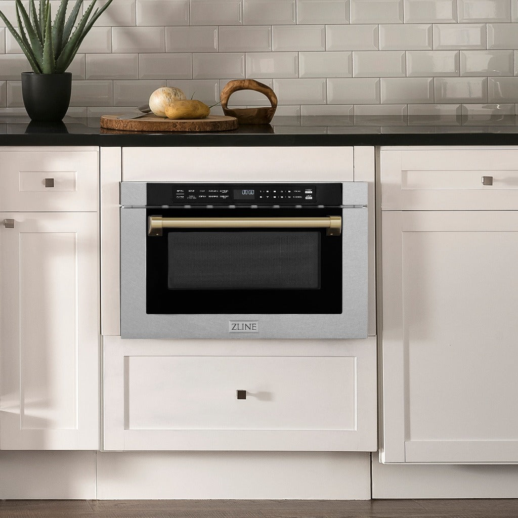 ZLINE Autograph Edition 24 in. Microwave in Fingerprint Resistant Stainless Steel with Traditional Handles and Champagne Bronze Accents (MWDZ-1-SS-H-CB) in Rustic Farmhouse Style Kitchen with white cabinets and black countertops.