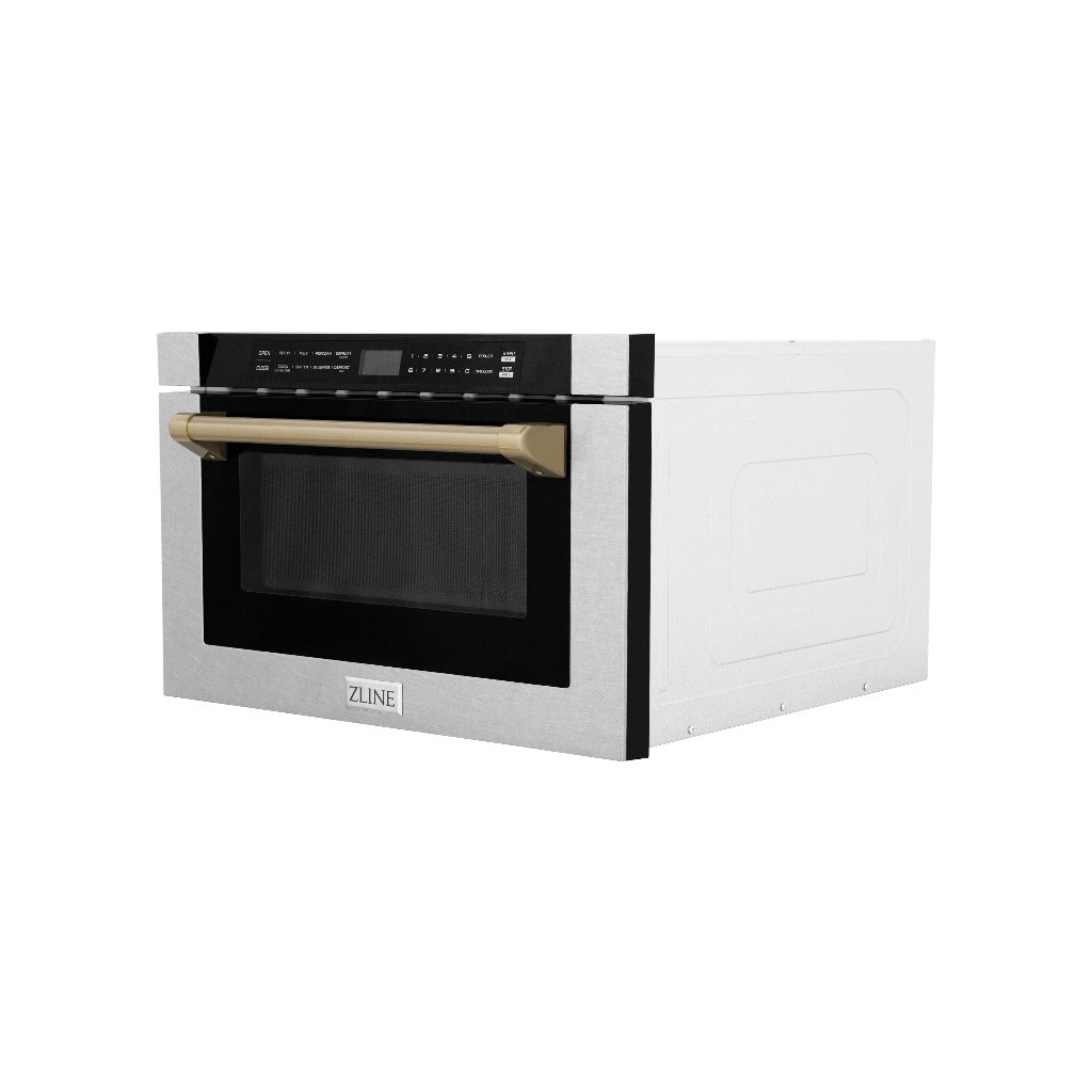 ZLINE Autograph Edition 24 in. Microwave in Fingerprint Resistant Stainless Steel with Traditional Handles and Champagne Bronze Accents (MWDZ-1-SS-H-CB) Side View Drawer Closed