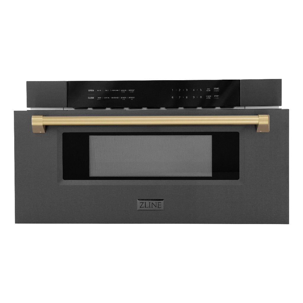 ZLINE Autograph Edition 30 in. 1.2 cu. ft. Built-in Microwave Drawer in Black Stainless Steel with Champagne Bronze Accents (MWDZ-30-BS-CB) Front View Drawer open