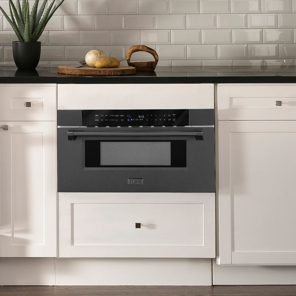 ZLINE 30 in. 1.2 cu. ft. Black Stainless Steel Built-In Microwave Drawer (MWD-30-BS) in Rustic Farmhouse Kitchen with white cabinets and black countertops.