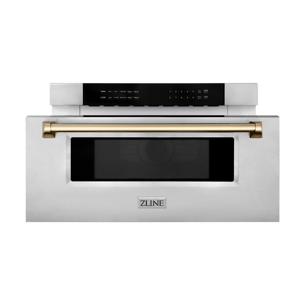 ZLINE Autograph Edition 30 in. 1.2 cu. ft. Built-In Microwave Drawer in Stainless Steel with Champagne Bronze Accents (MWDZ-30-CB) Front View Drawer Open