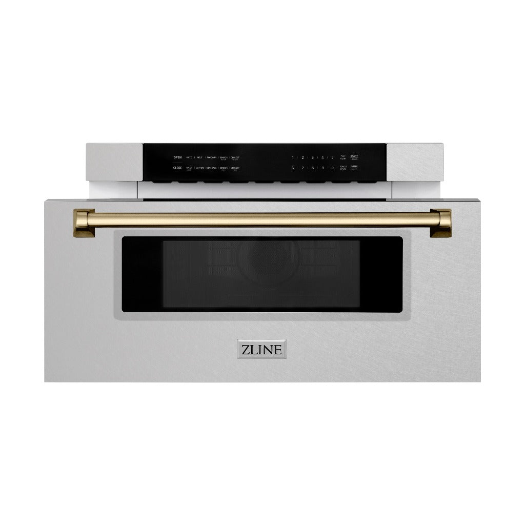 ZLINE Autograph Edition 30 in. 1.2 cu. ft. Built-In Microwave Drawer in Fingerprint Resistant Stainless Steel with Champagne Bronze Accents (MWDZ-30-SS-CB) Front View Drawer Open