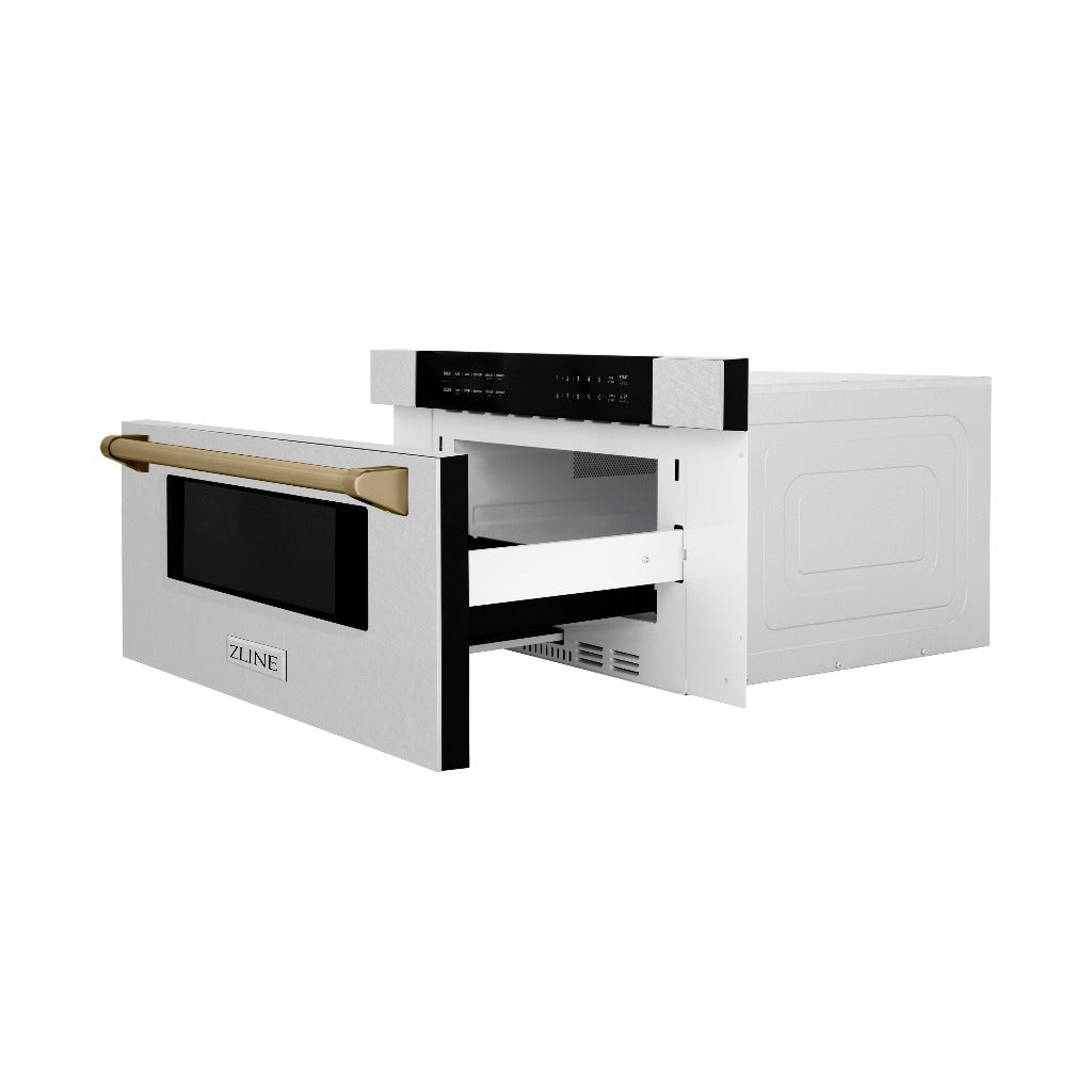 ZLINE Autograph Edition 30 in. 1.2 cu. ft. Built-In Microwave Drawer in Fingerprint Resistant Stainless Steel with Champagne Bronze Accents (MWDZ-30-SS-CB) Side View Drawer Open