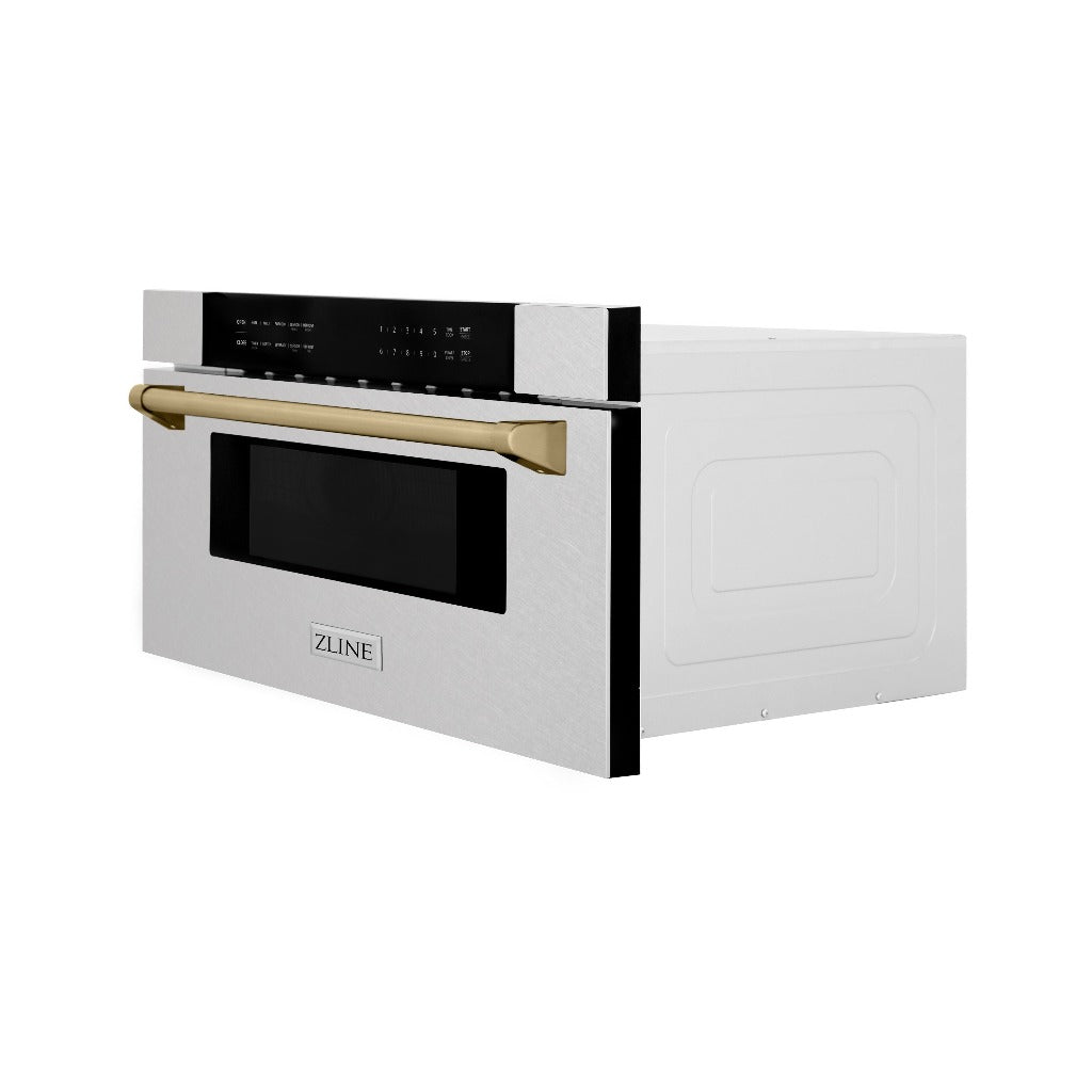 ZLINE Autograph Edition 30 in. 1.2 cu. ft. Built-In Microwave Drawer in Fingerprint Resistant Stainless Steel with Champagne Bronze Accents (MWDZ-30-SS-CB) Side View Drawer Closed