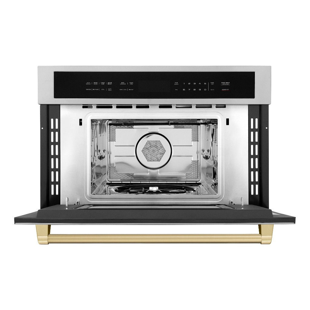ZLINE Autograph Edition 30 in. 1.6 cu ft. Built-in Convection Microwave Oven in Stainless Steel with Champagne Bronze Accents (MWOZ-30-CB) Front View Door Open