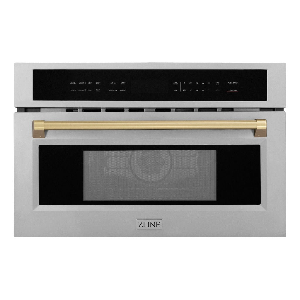 ZLINE Autograph Edition 30 in. 1.6 cu ft. Built-in Convection Microwave Oven in Stainless Steel with Champagne Bronze Accents (MWOZ-30-CB) Front View Door Closed