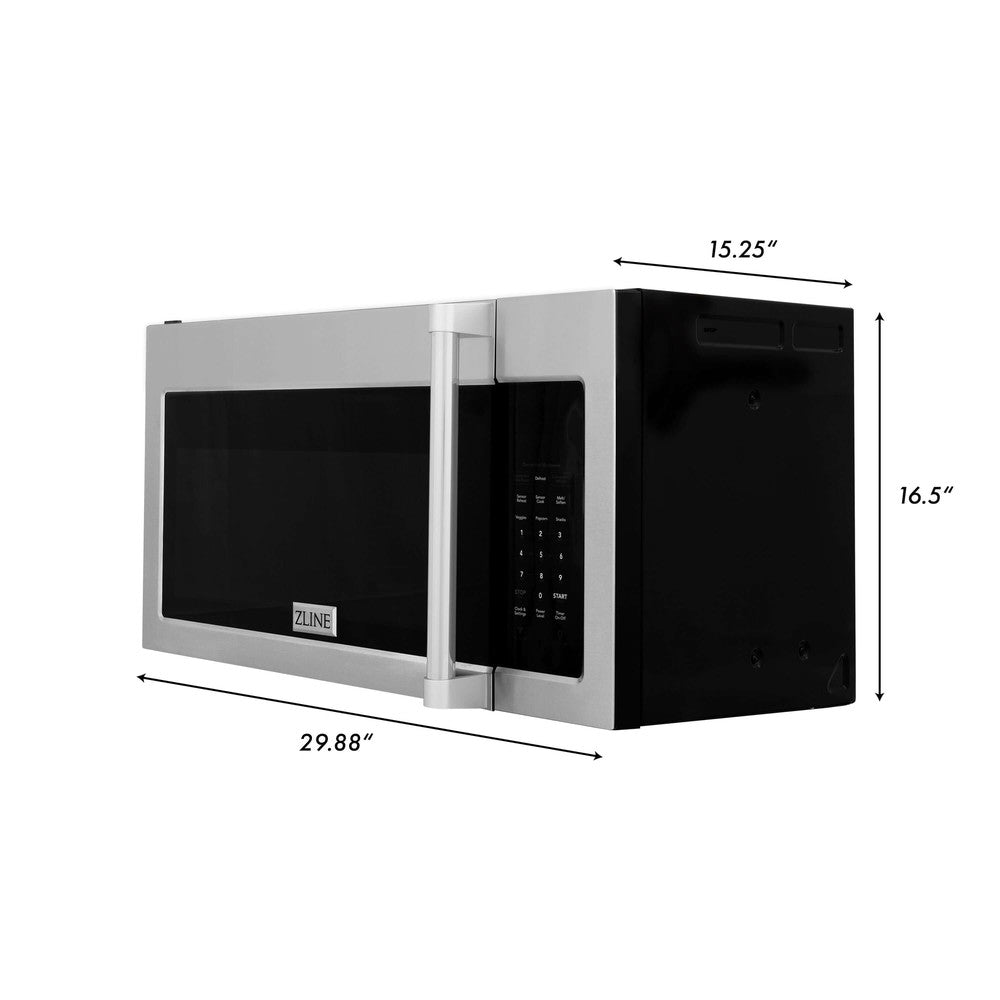 ZLINE 30 in. Kitchen Package Stainless Steel Dual Fuel Range and Over-The-Range Microwave with Traditional Handle (2KP-RAOTRH30) dimensional diagram with measurements.