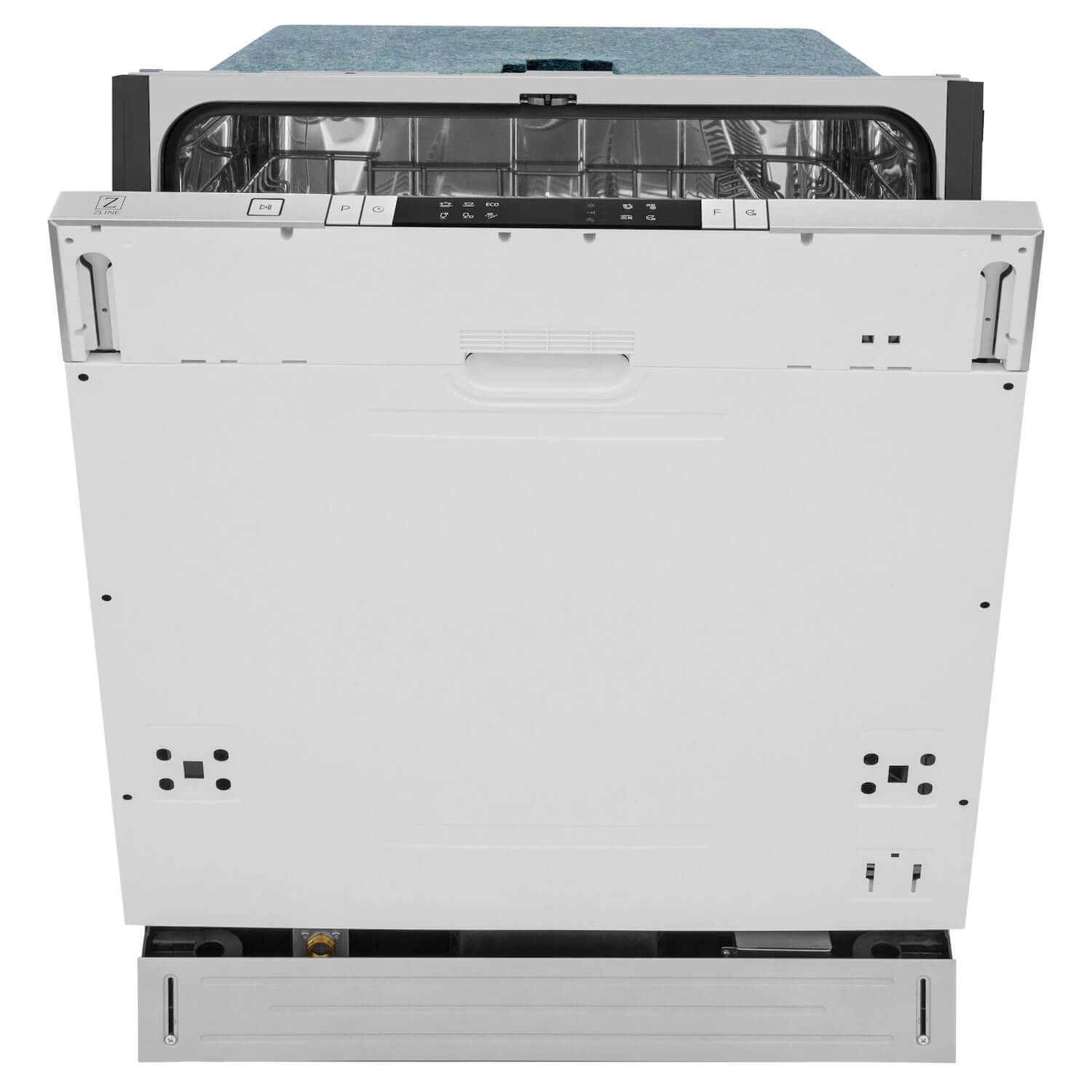 ZLINE 24 in. Panel Ready Top Control Built-In Dishwasher with Stainless Steel Tub, 52dBa (DW7713-24) front, half open.
