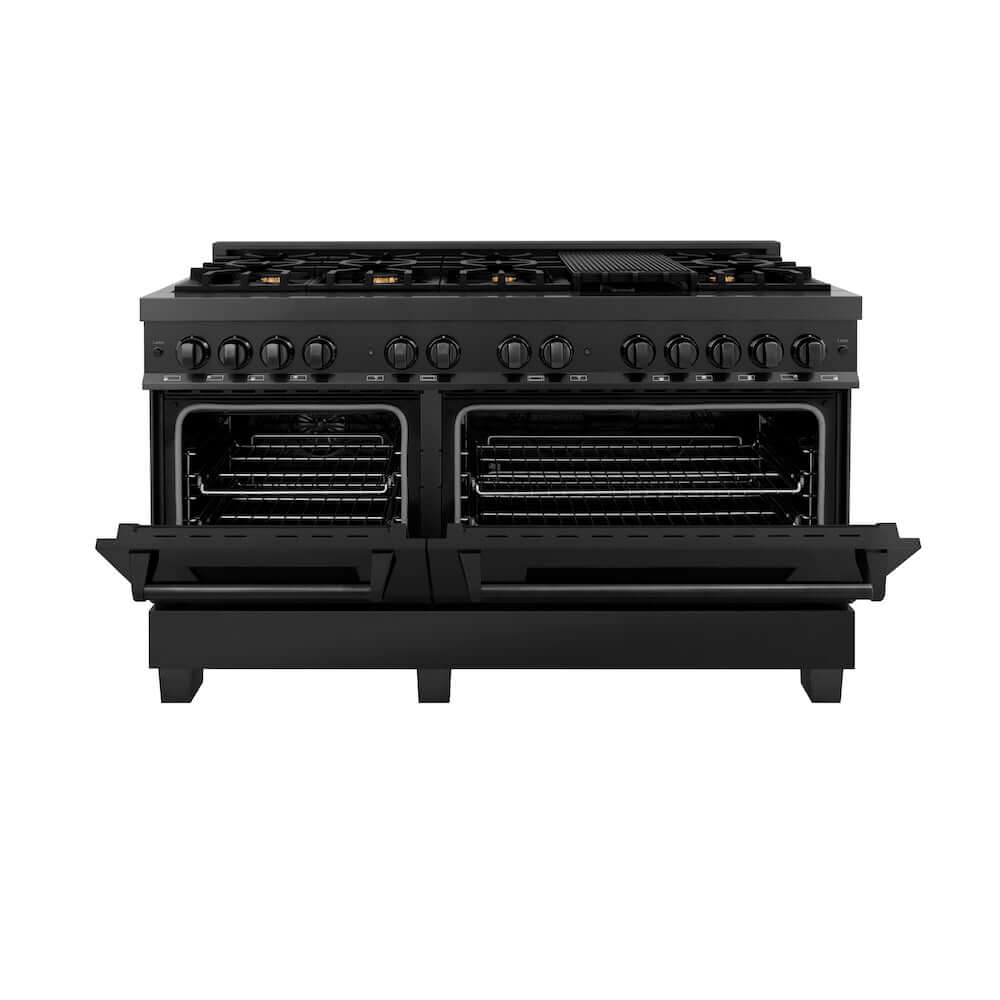 ZLINE 60 in. 7.4 cu. ft. Dual Fuel Range with Gas Stove and Electric Oven in Black Stainless Steel with Brass Burners (RAB-60) front, oven half open.