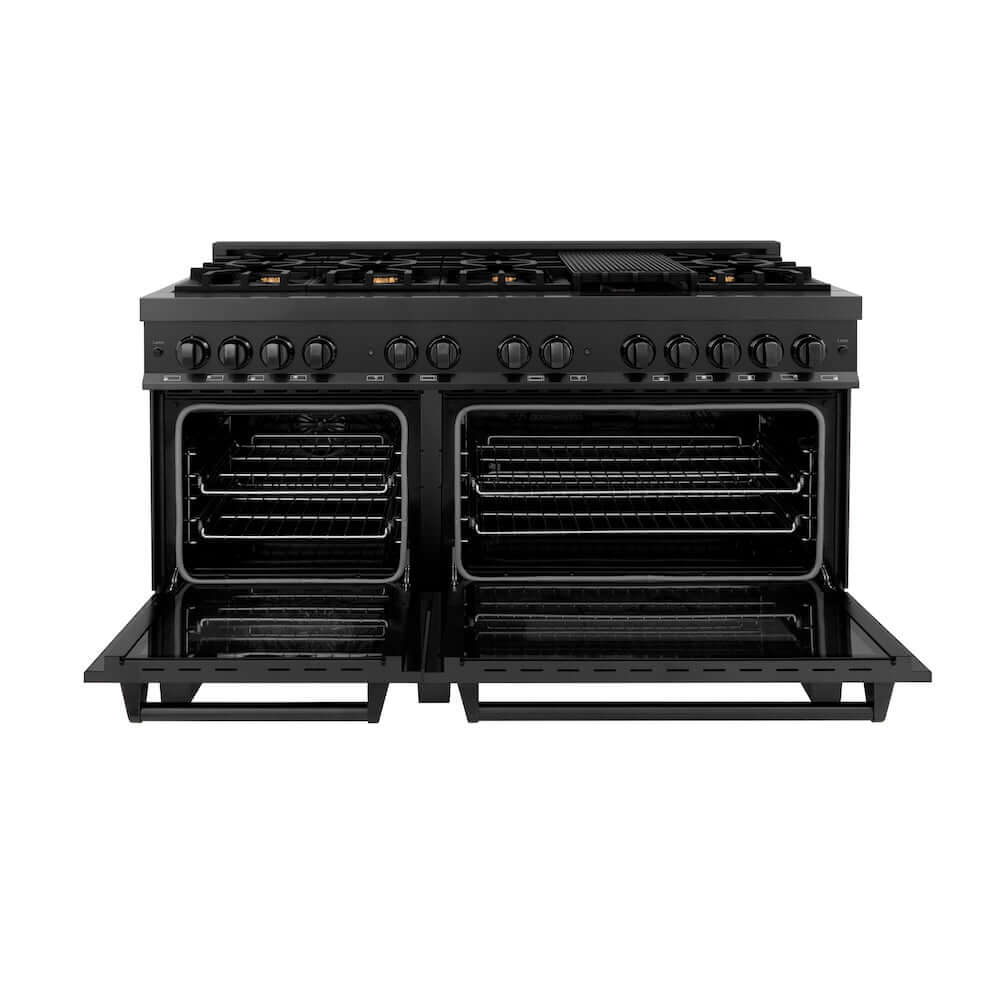 ZLINE 60 in. 7.4 cu. ft. Dual Fuel Range with Gas Stove and Electric Oven in Black Stainless Steel with Brass Burners (RAB-60) front, oven open.