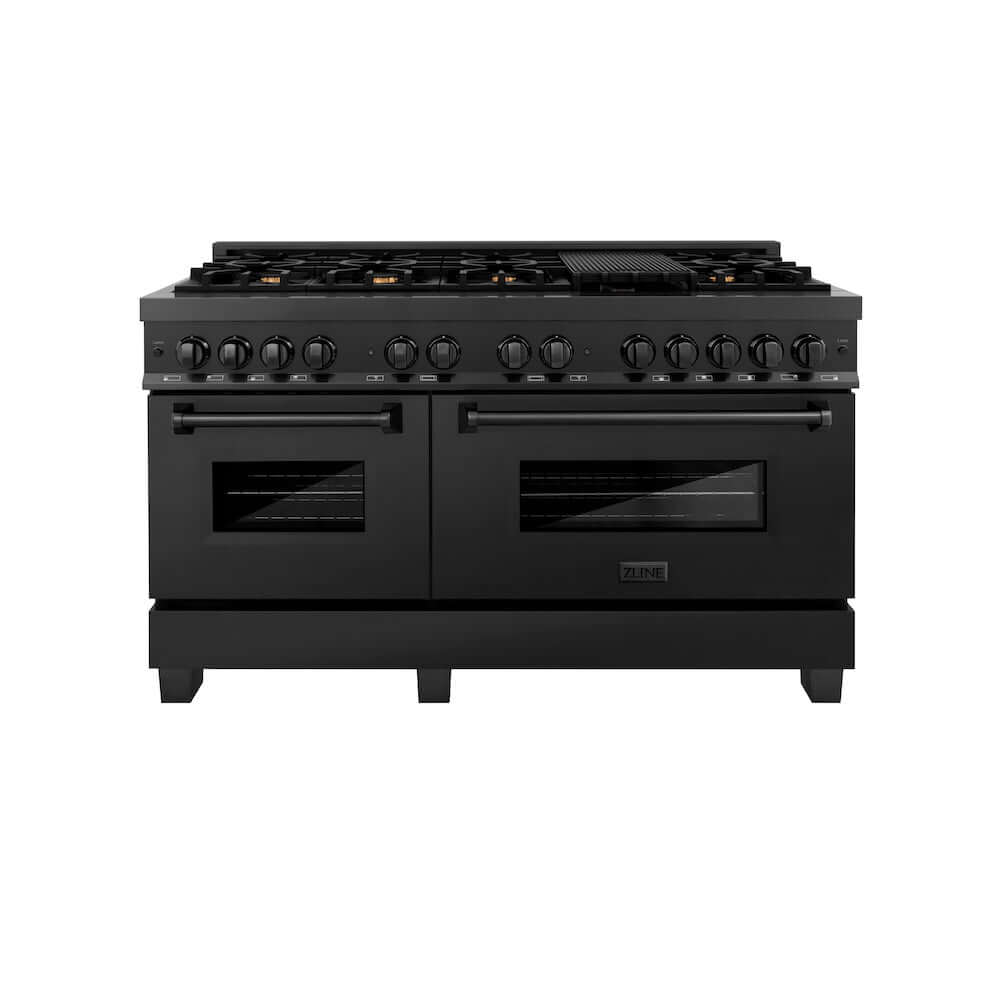ZLINE 60 in. 7.4 cu. ft. Dual Fuel Range with Gas Stove and Electric Oven in Black Stainless Steel with Brass Burners (RAB-60) front, oven closed.