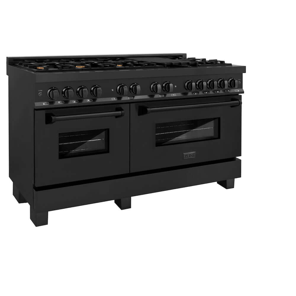 ZLINE 60 in. 7.4 cu. ft. Dual Fuel Range with Gas Stove and Electric Oven in Black Stainless Steel with Brass Burners (RAB-60) side, oven closed.