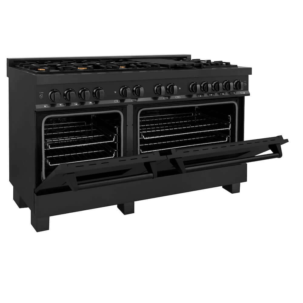 ZLINE 60 in. 7.4 cu. ft. Dual Fuel Range with Gas Stove and Electric Oven in Black Stainless Steel with Brass Burners (RAB-60) side, oven half open.