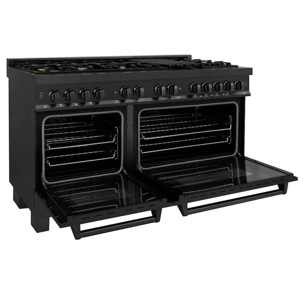 ZLINE 60 in. 7.4 cu. ft. Dual Fuel Range with Gas Stove and Electric Oven in Black Stainless Steel with Brass Burners (RAB-60) side, oven open.