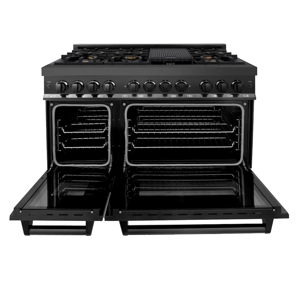 ZLINE 48" Black Stainless Steel Dual Fuel Range with brass burners and griddle front with oven doors fully open.