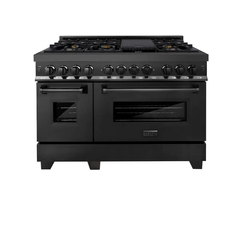 ZLINE 48 in. 6.0 cu. ft. Dual Fuel Range with Gas Stove and Electric Oven in Black Stainless Steel with Brass Burners (RAB-BR-48) front, oven closed.