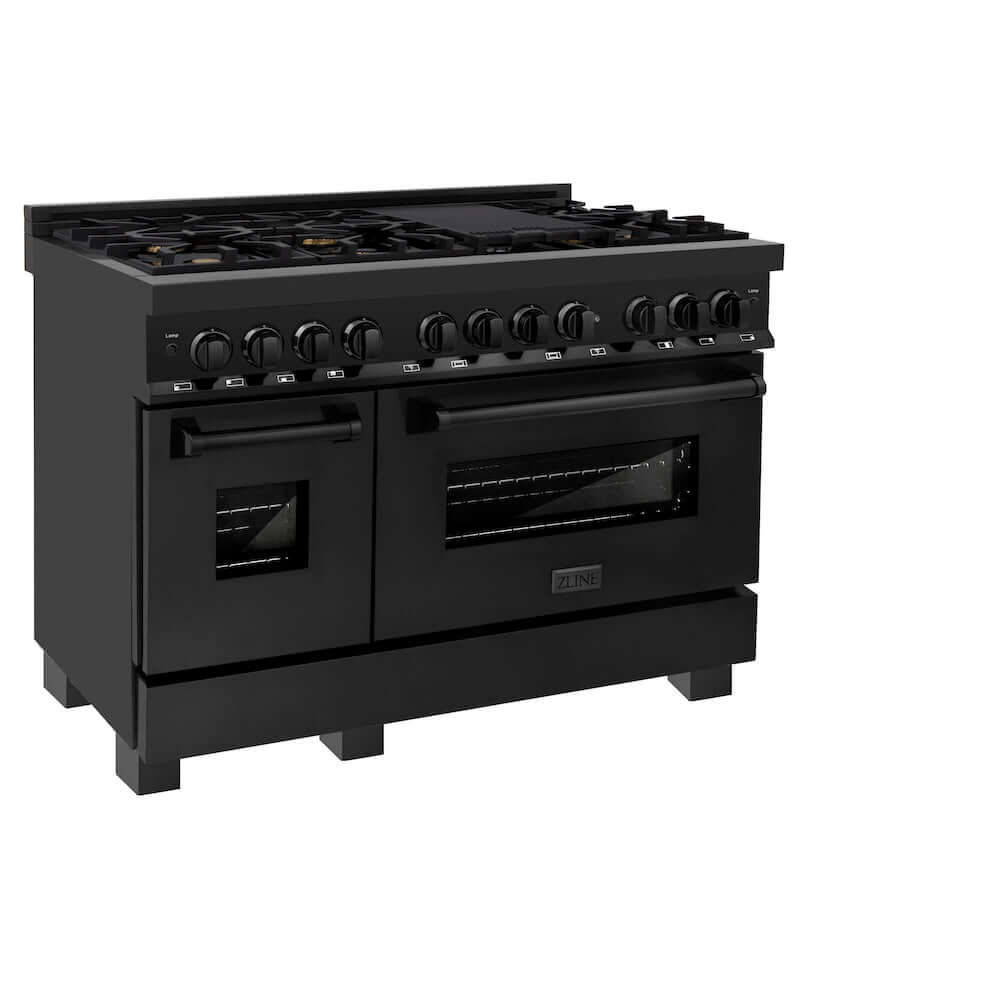 ZLINE 48 in. 6.0 cu. ft. Dual Fuel Range with Gas Stove and Electric Oven in Black Stainless Steel with Brass Burners (RAB-BR-48) side, oven closed.