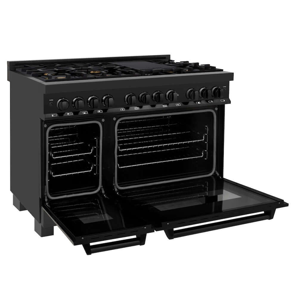 ZLINE 48 in. 6.0 cu. ft. Dual Fuel Range with Gas Stove and Electric Oven in Black Stainless Steel with Brass Burners (RAB-BR-48) side, oven open.