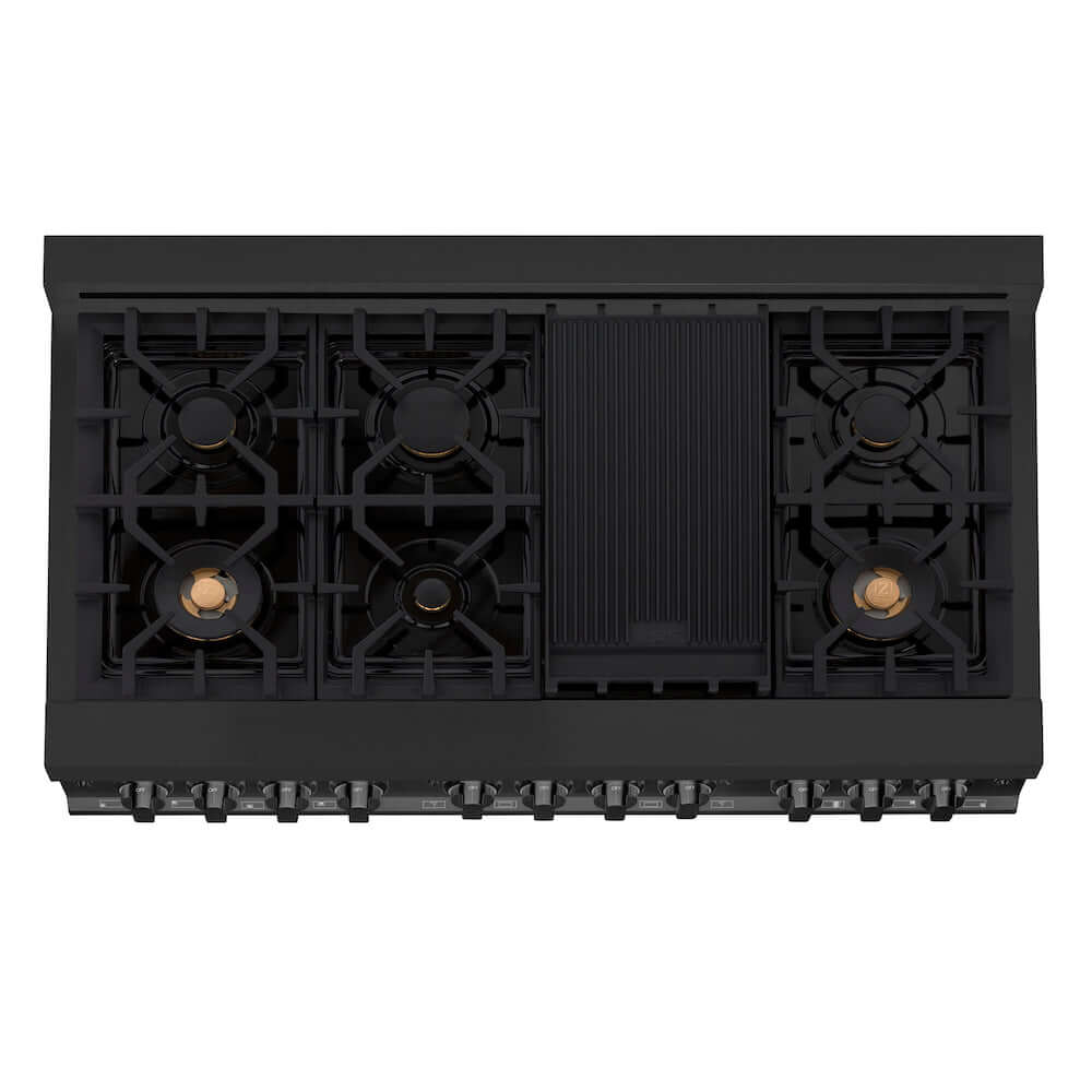 ZLINE 48 in. 6.0 cu. ft. Dual Fuel Range with Gas Stove and Electric Oven in Black Stainless Steel with Brass Burners (RAB-BR-48) from above showing cooktop.