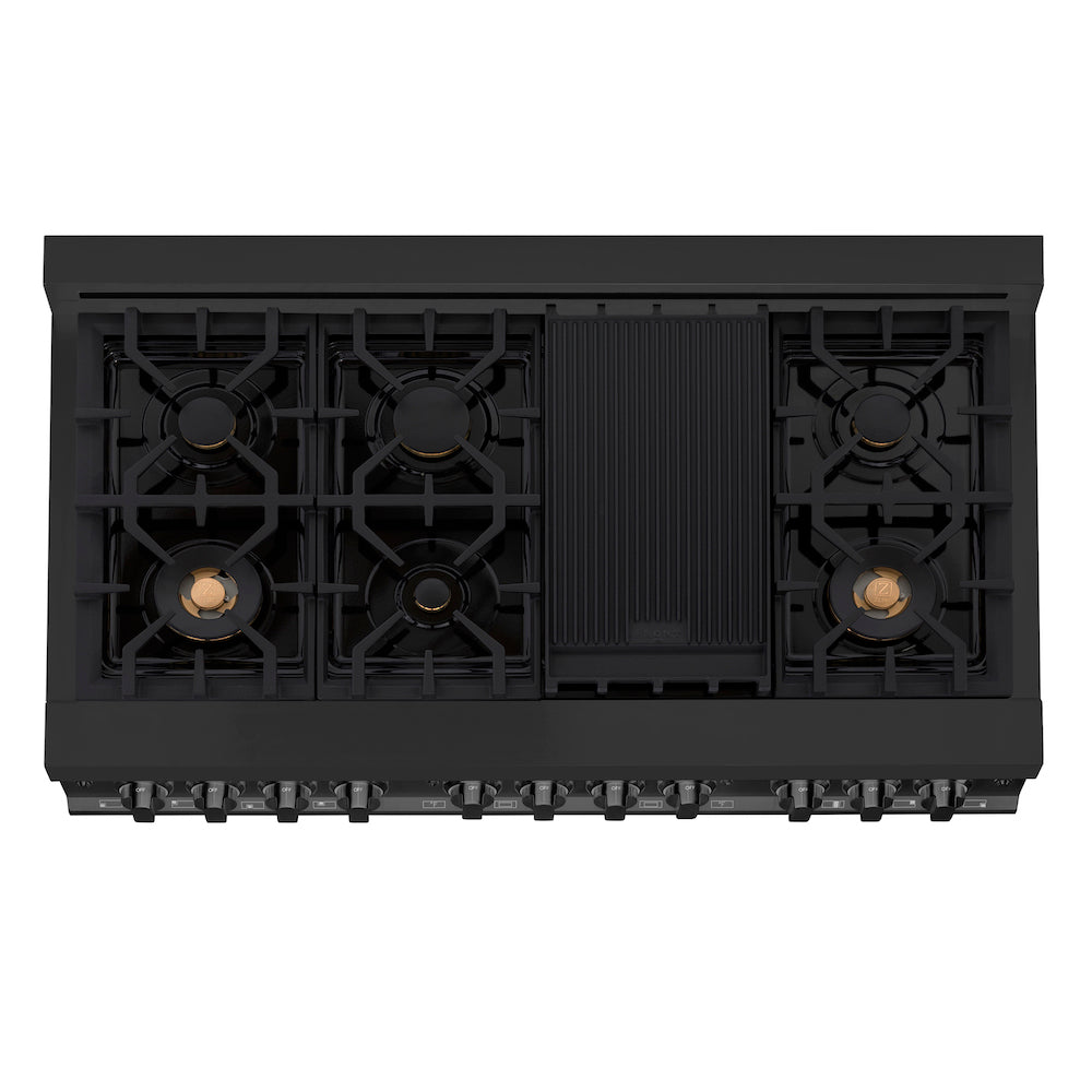 ZLINE 48" Black Stainless Steel Dual Fuel Range top view of 7-burner gas cooktop with brass burners and griddle.