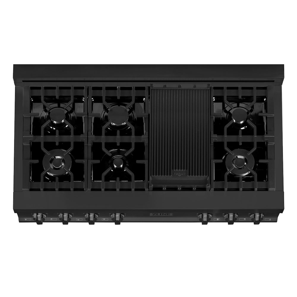 ZLINE Kitchen Package in Black Stainless Steel with 36 in. French Door Refrigerator, 48 in. Gas Rangetop, 48 in. Convertible Vent Range Hood, 30 in. Double Wall Oven, and 24 in. Tall Tub Dishwasher (5KPR-RTBRH48-AWDDWV) from above, showing burners and cast-iron grates on cooktop.