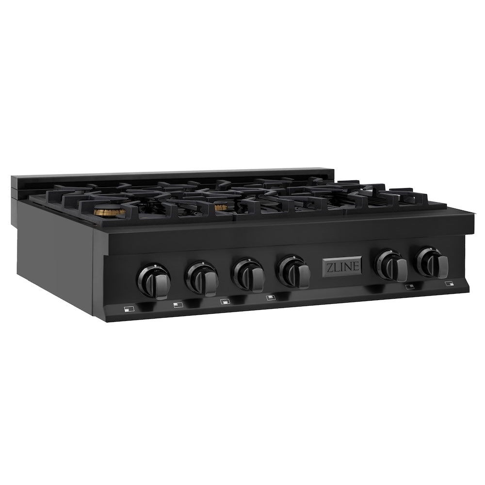 ZLINE 36 in. Porcelain Gas Stovetop in Black Stainless Steel with 6 Gas Brass Burners (RTB-BR-36) side, main.