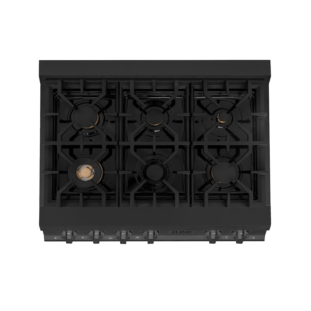 ZLINE 36 in. Porcelain Gas Stovetop in Black Stainless Steel with 6 Gas Brass Burners (RTB-BR-36) from above, showing cooking surface.