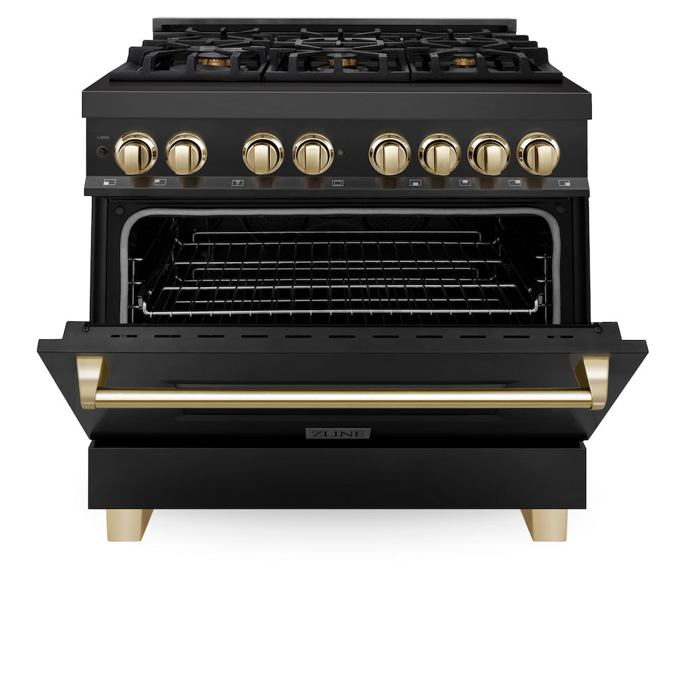 ZLINE Autograph Edition 36 in. 4.6 cu. ft. Dual Fuel Range with Gas Stove and Electric Oven in Black Stainless Steel with Polished Gold Accents (RABZ-36-G) front, oven half open.