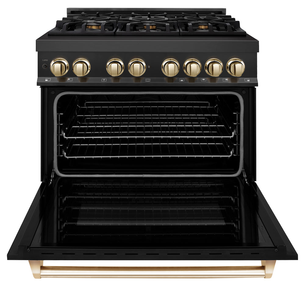 ZLINE Autograph Edition 36 in. 4.6 cu. ft. Dual Fuel Range with Gas Stove and Electric Oven in Black Stainless Steel with Polished Gold Accents (RABZ-36-G) front, oven open.