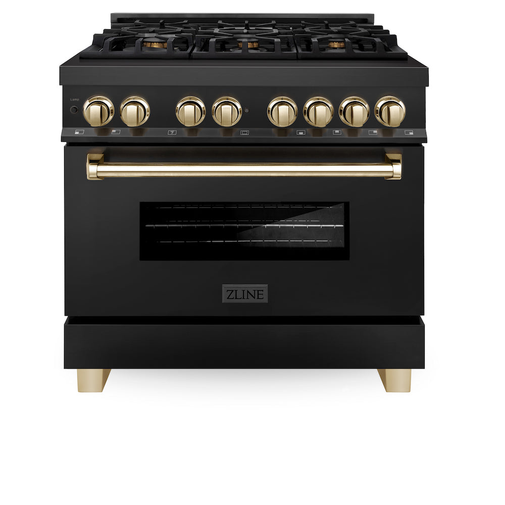 ZLINE Autograph Edition 36 in. 4.6 cu. ft. Dual Fuel Range with Gas Stove and Electric Oven in Black Stainless Steel with Polished Gold Accents (RABZ-36-G) front, oven closed.