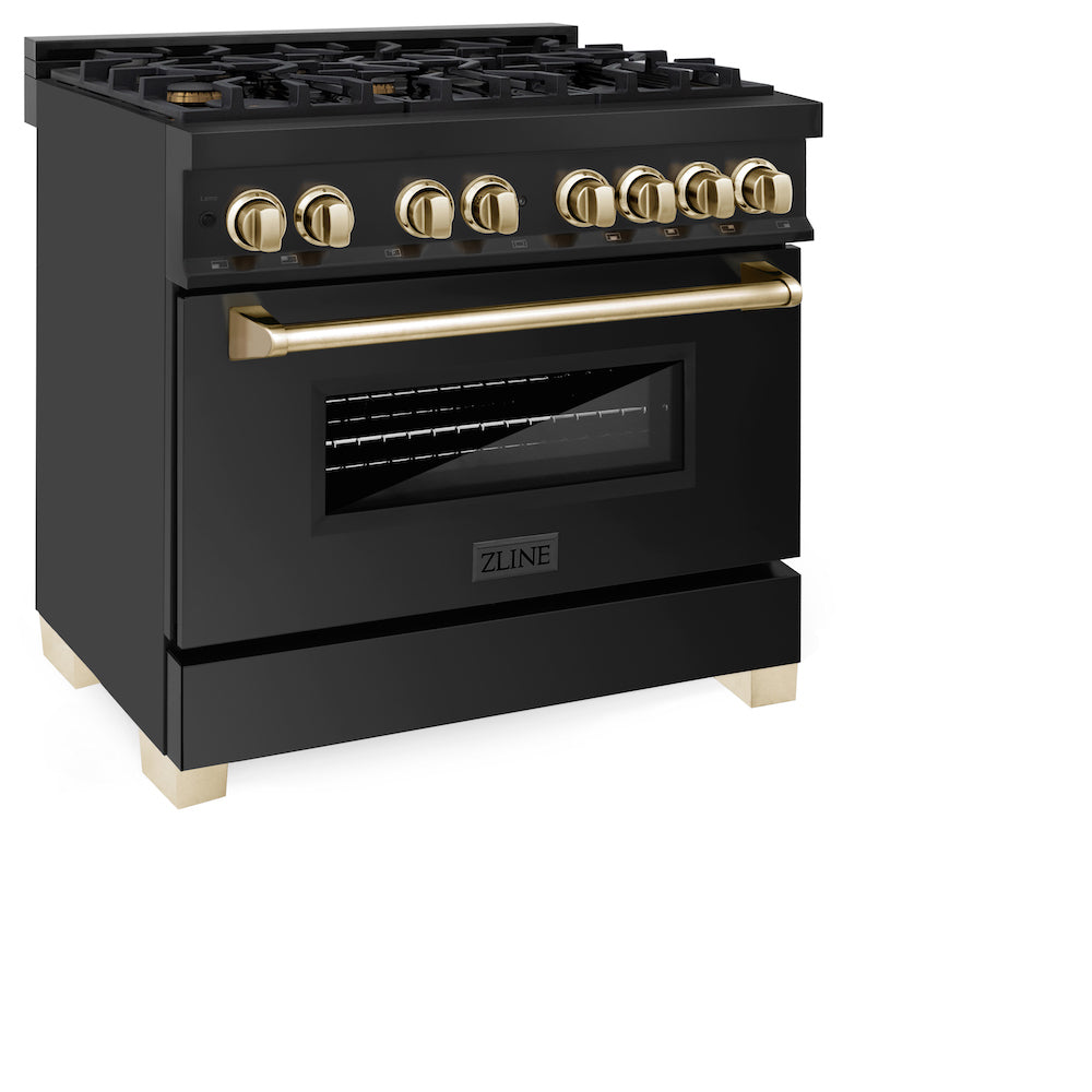 ZLINE Autograph Edition 36 in. 4.6 cu. ft. Dual Fuel Range with Gas Stove and Electric Oven in Black Stainless Steel with Polished Gold Accents (RABZ-36-G) side, oven closed.