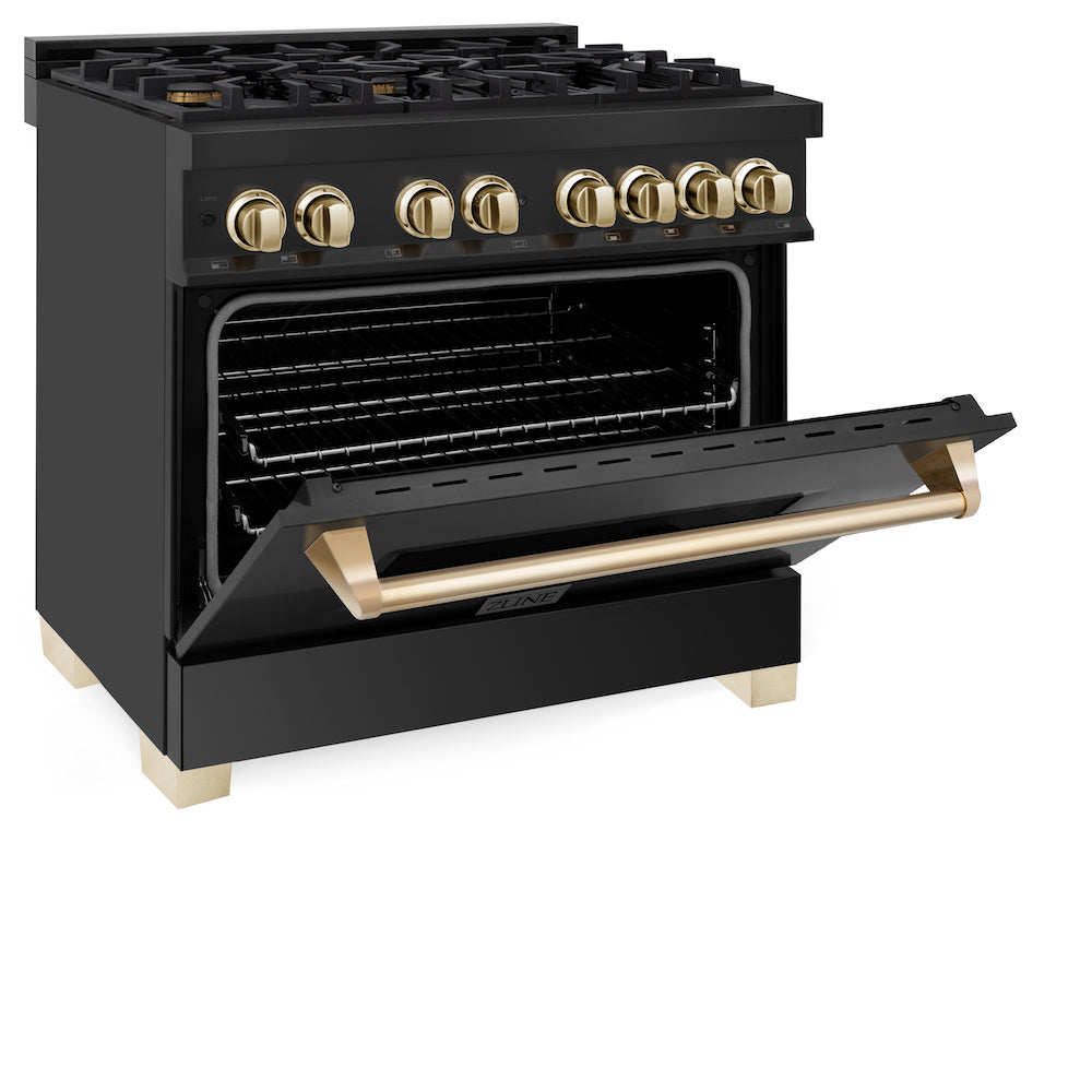 ZLINE Autograph Edition 36" Black Stainless Steel Dual Fuel Range with Polished Gold accents (RABZ-36-G) side, oven door half open.
