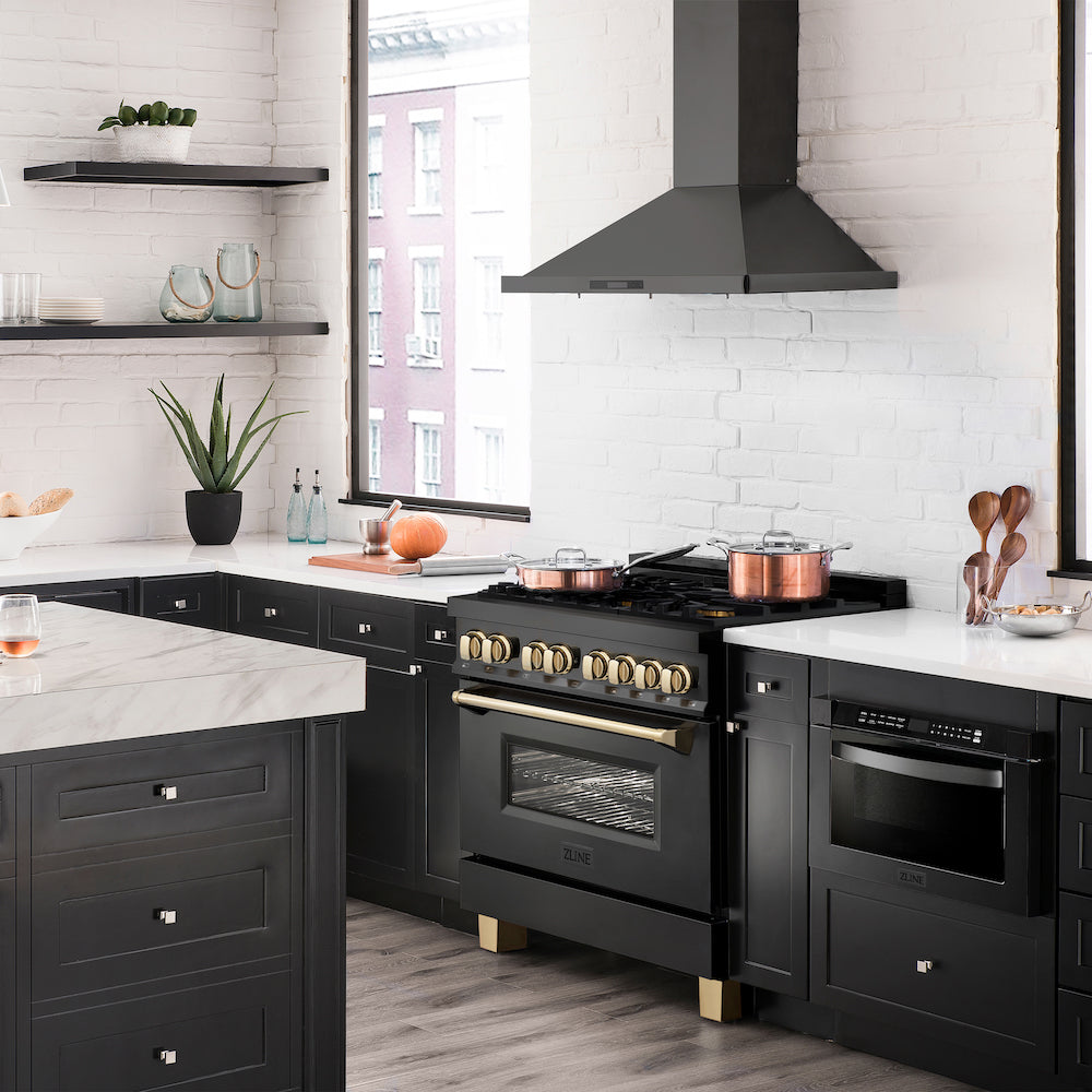 ZLINE Autograph Edition 36 in. 4.6 cu. ft. Dual Fuel Range with Gas Stove and Electric Oven in Black Stainless Steel with Polished Gold Accents (RABZ-36-G) from side in a luxury farmhouse-style kitchen.
