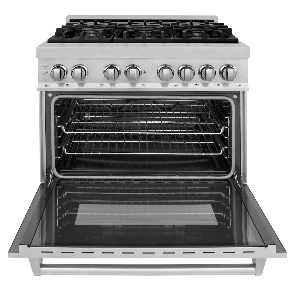 ZLINE 36 in. 4.6 cu. ft. Dual Fuel Range with Gas Stove and Electric Oven in Fingerprint Resistant Stainless Steel (RAS-SN-36) front, oven open.