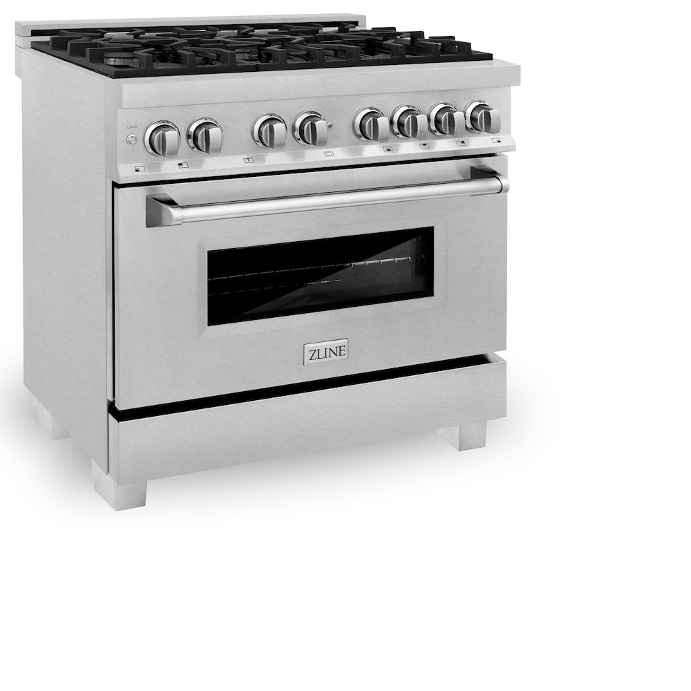 ZLINE 36 in. 4.6 cu. ft. Dual Fuel Range with Gas Stove and Electric Oven in Fingerprint Resistant Stainless Steel (RAS-SN-36) side, oven closed.