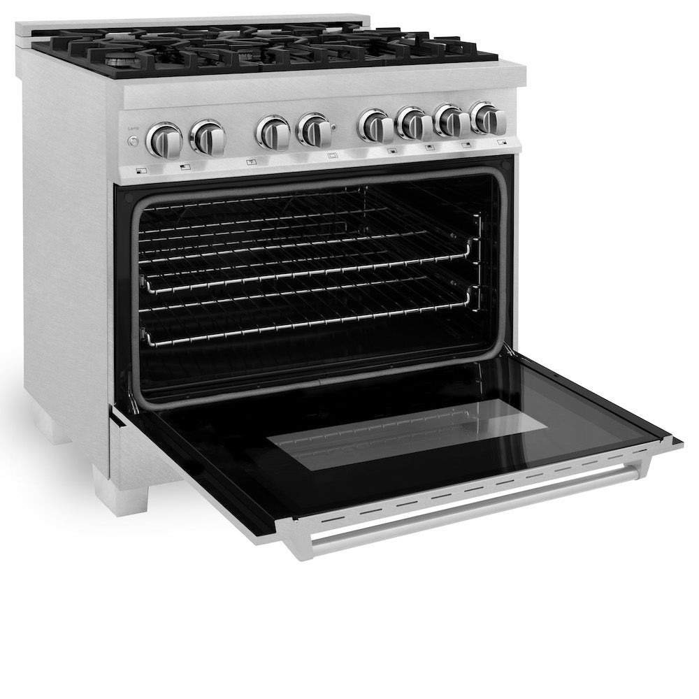 ZLINE 36 in. 4.6 cu. ft. Dual Fuel Range with Gas Stove and Electric Oven in Fingerprint Resistant Stainless Steel (RAS-SN-36) side, oven open.