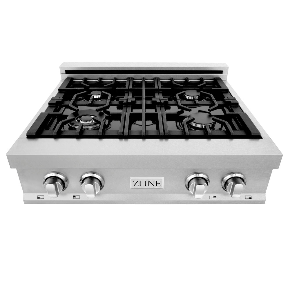 ZLINE 30 in. Porcelain Gas Stovetop in Fingerprint Resistant Stainless Steel with 4 Gas Burners (RTS-30) front, top.