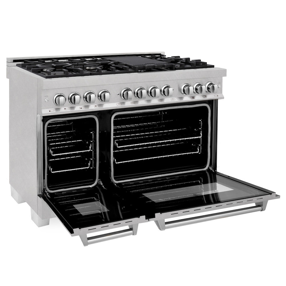 ZLINE 48 in. 6.0 cu. ft. Dual Fuel Range with Gas Stove and Electric Oven in Fingerprint Resistant Stainless Steel (RAS-SN-48) side, oven open.