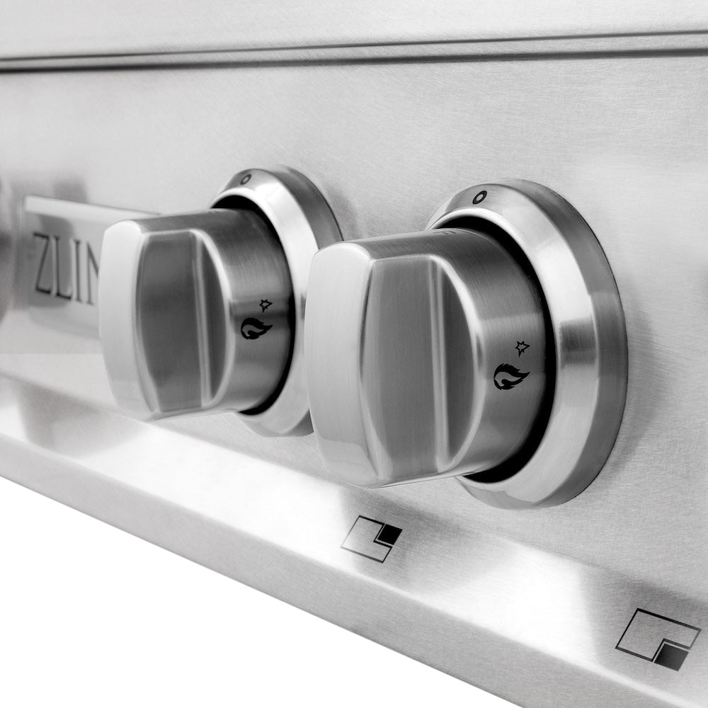 ZLINE 36 in. Porcelain Gas Stovetop in Fingerprint Resistant Stainless Steel with 6 Gas Burners (RTS-36) close-up, knobs.