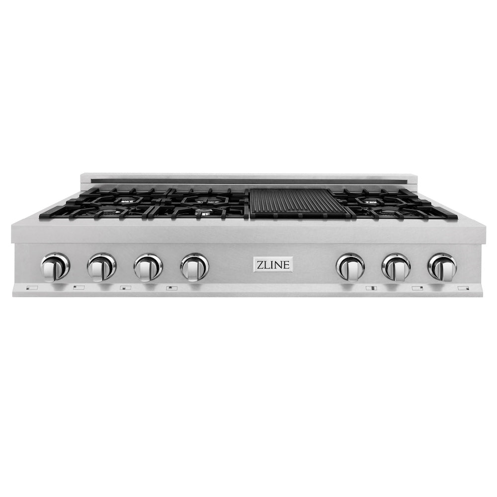 ZLINE 48 in. Porcelain Gas Stovetop in Fingerprint Resistant Stainless Steel with 7 Gas Burners and Griddle (RTS-48) front.