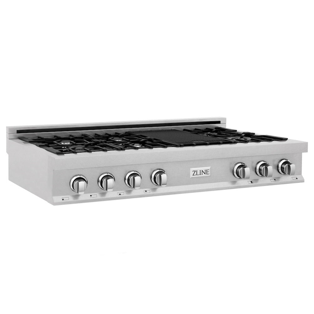 ZLINE 48 in. Porcelain Gas Stovetop in Fingerprint Resistant Stainless Steel with 7 Gas Burners and Griddle (RTS-48) side, main.