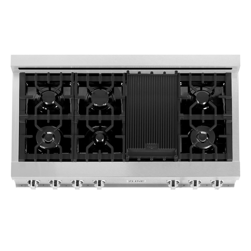 ZLINE 48 in. Porcelain Gas Stovetop in Fingerprint Resistant Stainless Steel with 7 Gas Burners and Griddle (RTS-48) from above, showing cooking surface.