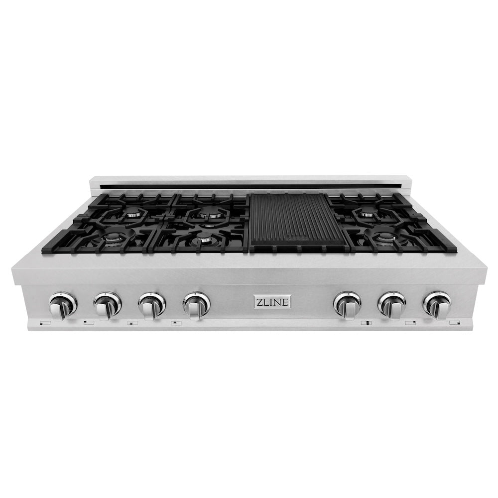 ZLINE 48 in. Porcelain Gas Stovetop in Fingerprint Resistant Stainless Steel with 7 Gas Burners and Griddle (RTS-48) front, top.