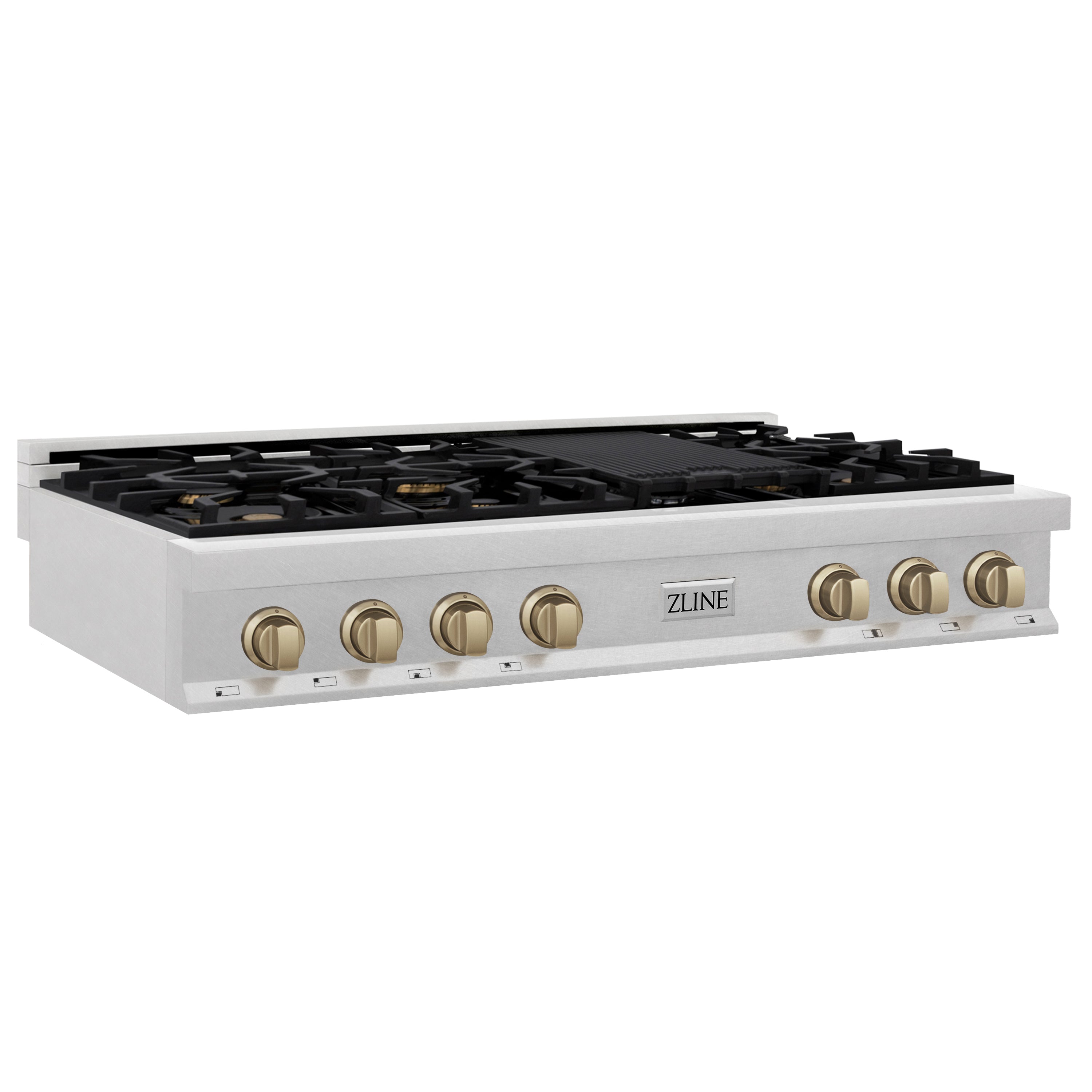 ZLINE Autograph Edition 48 in. Porcelain Rangetop with 7 Gas Burners in DuraSnow® Stainless Steel and Champagne Bronze Accents (RTSZ-48-CB)