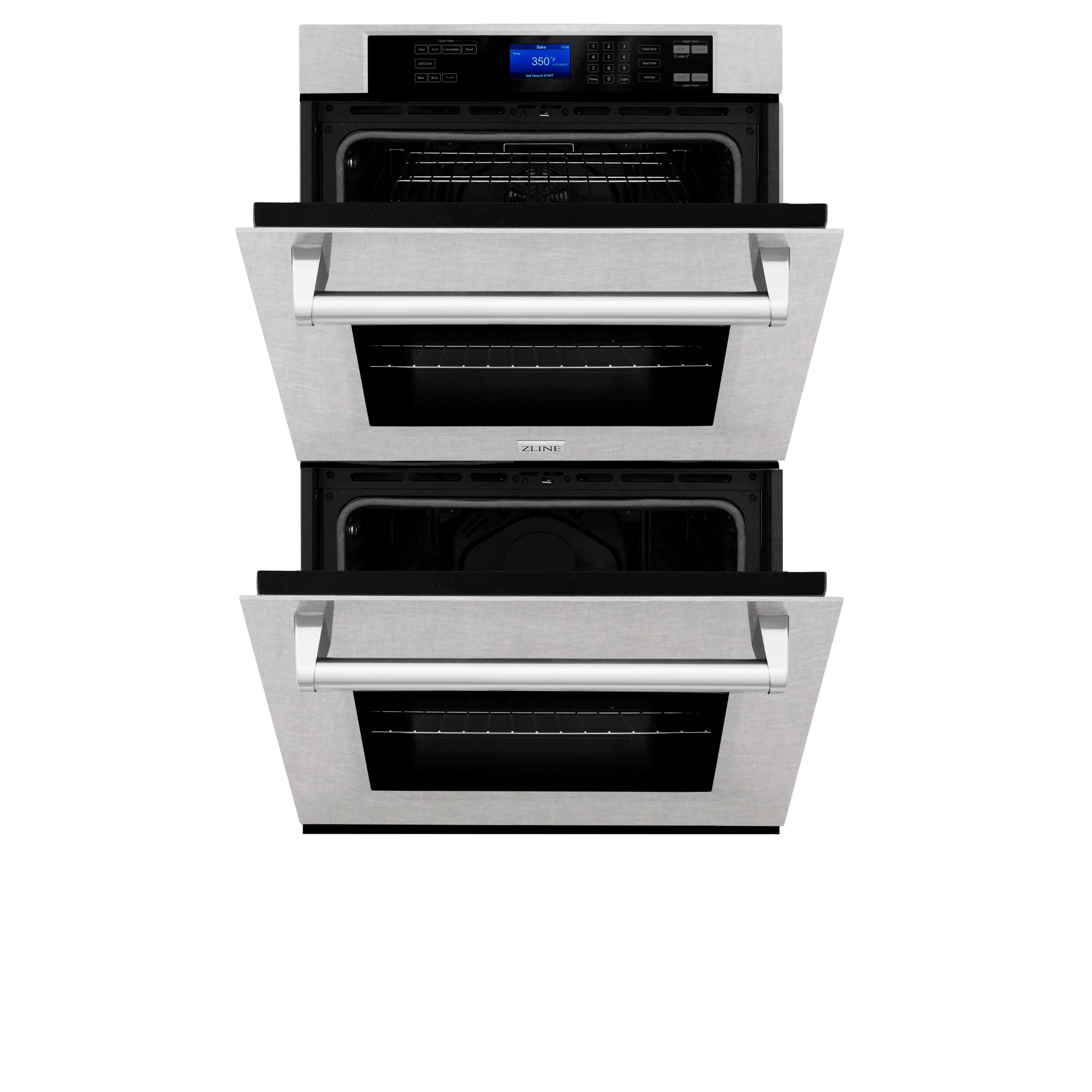 ZLINE 30 in. Professional Electric Double Wall Oven with Self Clean and True Convection in Fingerprint Resistant Stainless Steel (AWDS-30) front, oven half open.