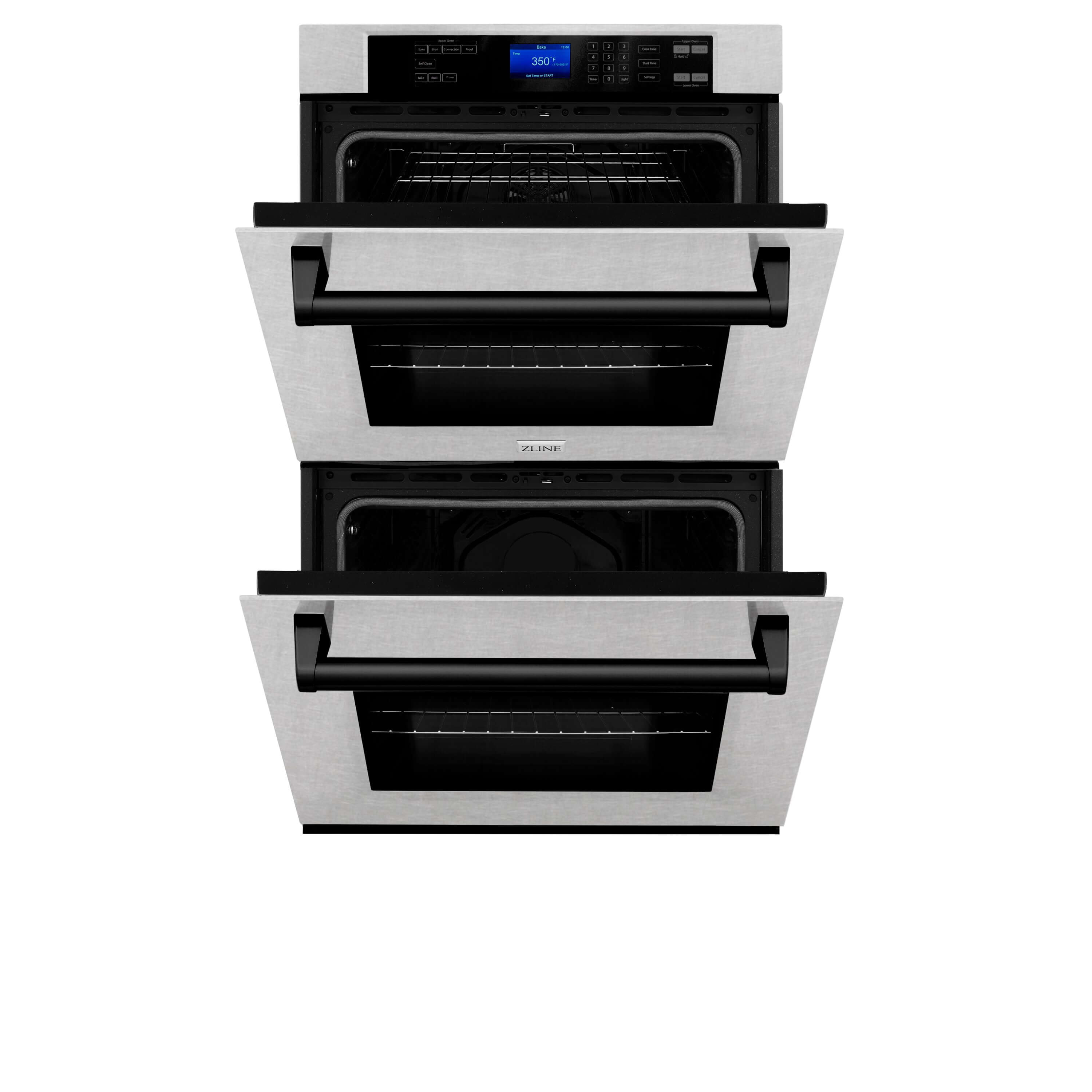ZLINE Autograph Edition 30 in. Electric Double Wall Oven with Self Clean and True Convection in DuraSnow Stainless Steel and Matte Black Accents (AWDSZ-30-MB) front, oven half open.